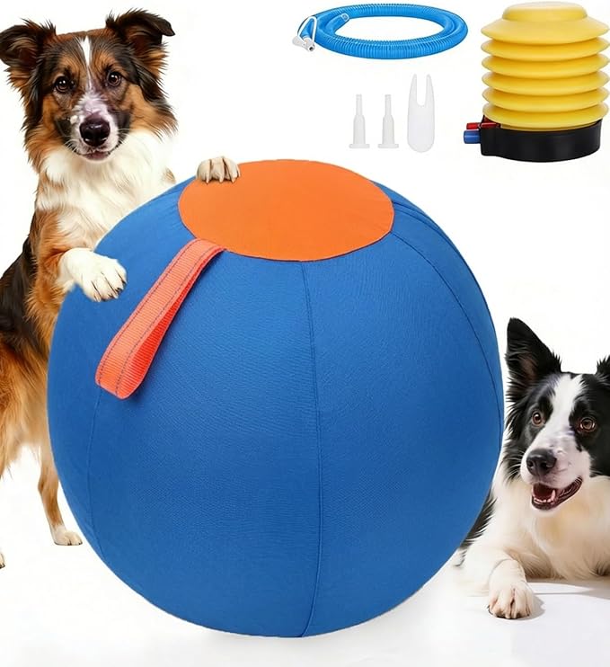 10/18/22" Herding Ball for Dogs & Horses - Tear-Resistant Inflatable Toy with Heavy-Duty Handle Cover & Pump - Durable Exercise Ball for Large Pets
