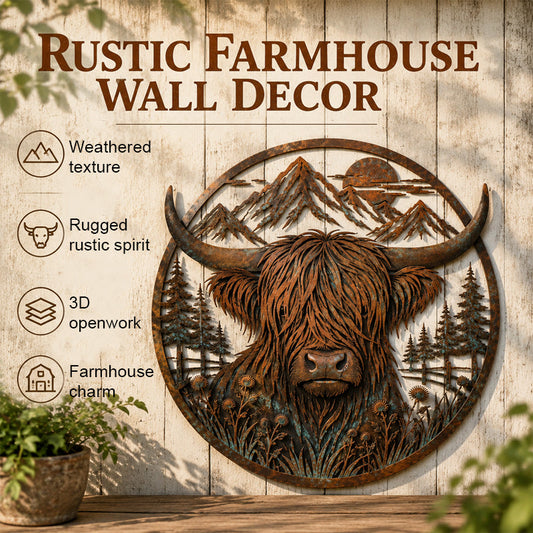 Highland Cow Mountain Scene Metal Wall