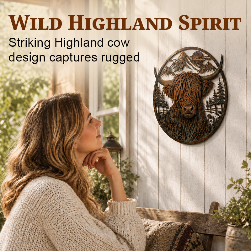 Highland Cow Mountain Scene Metal Wall