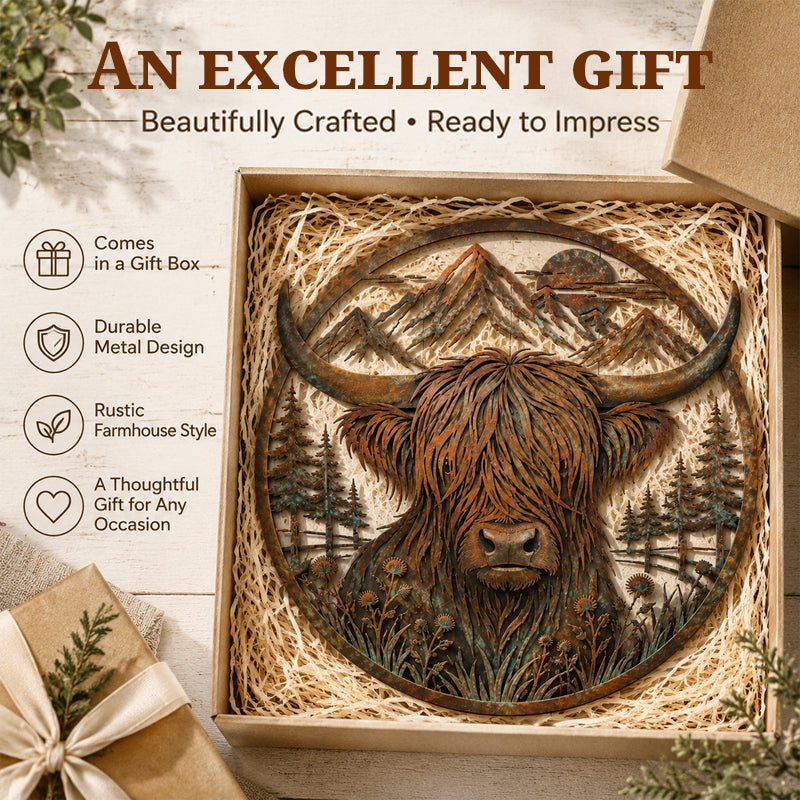 Highland Cow Mountain Scene Metal Wall