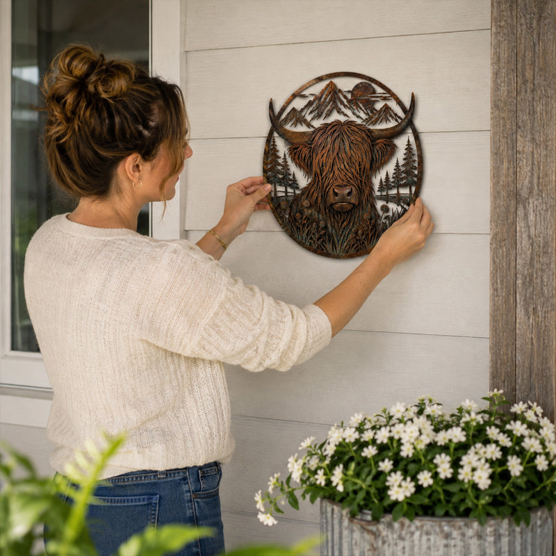 Highland Cow Mountain Scene Metal Wall