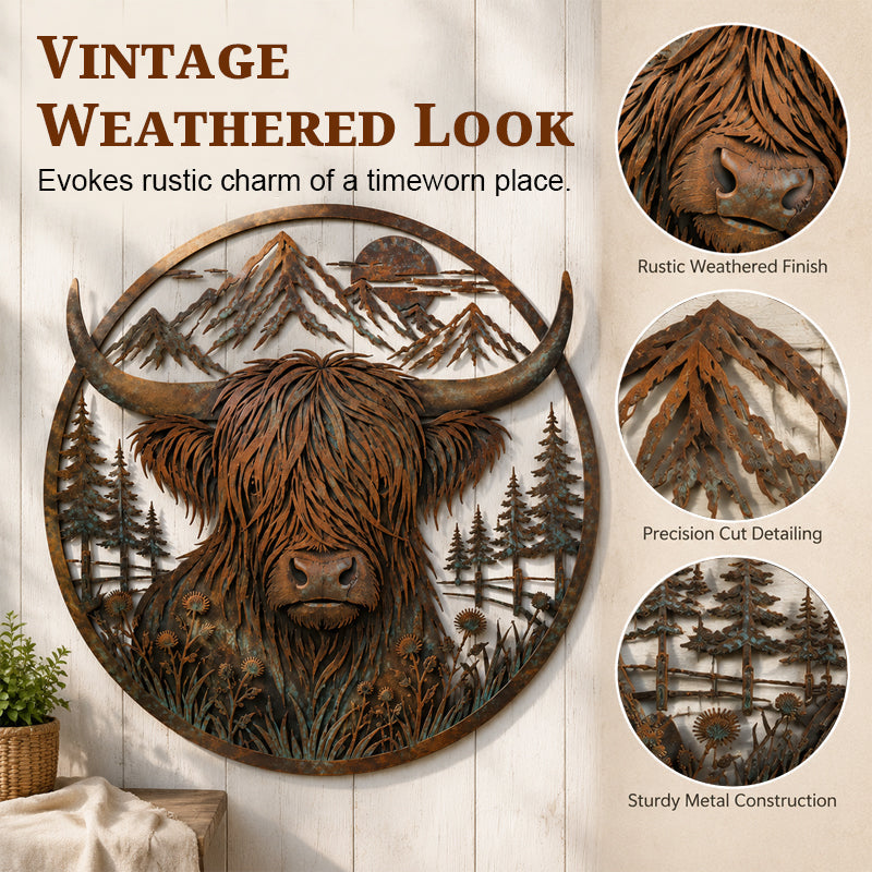 Highland Cow Mountain Scene Metal Wall