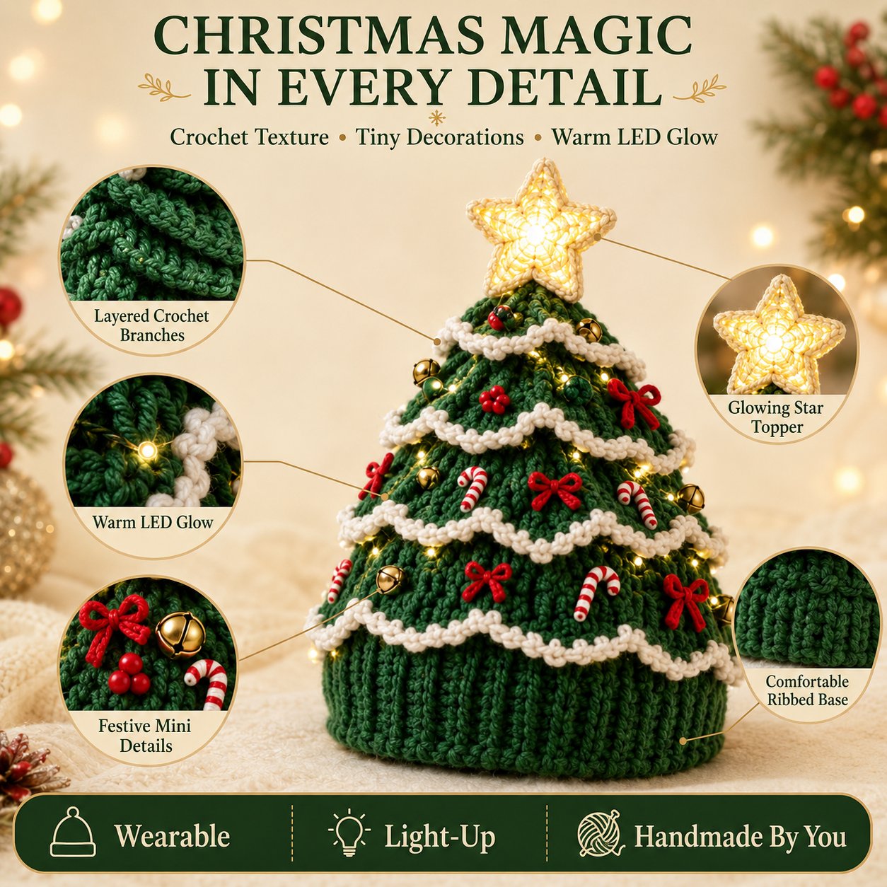 🎄 Beginner‑Friendly Light‑Up Christmas Tree Crochet Hat DIY Kit | Festive Craft Set for New Crocheters