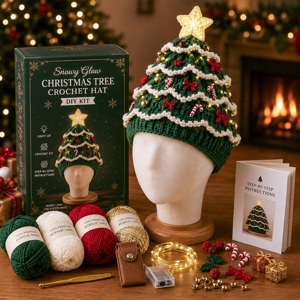 🎄 Beginner‑Friendly Light‑Up Christmas Tree Crochet Hat DIY Kit | Festive Craft Set for New Crocheters