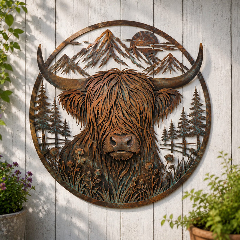 Highland Cow Mountain Scene Metal Wall