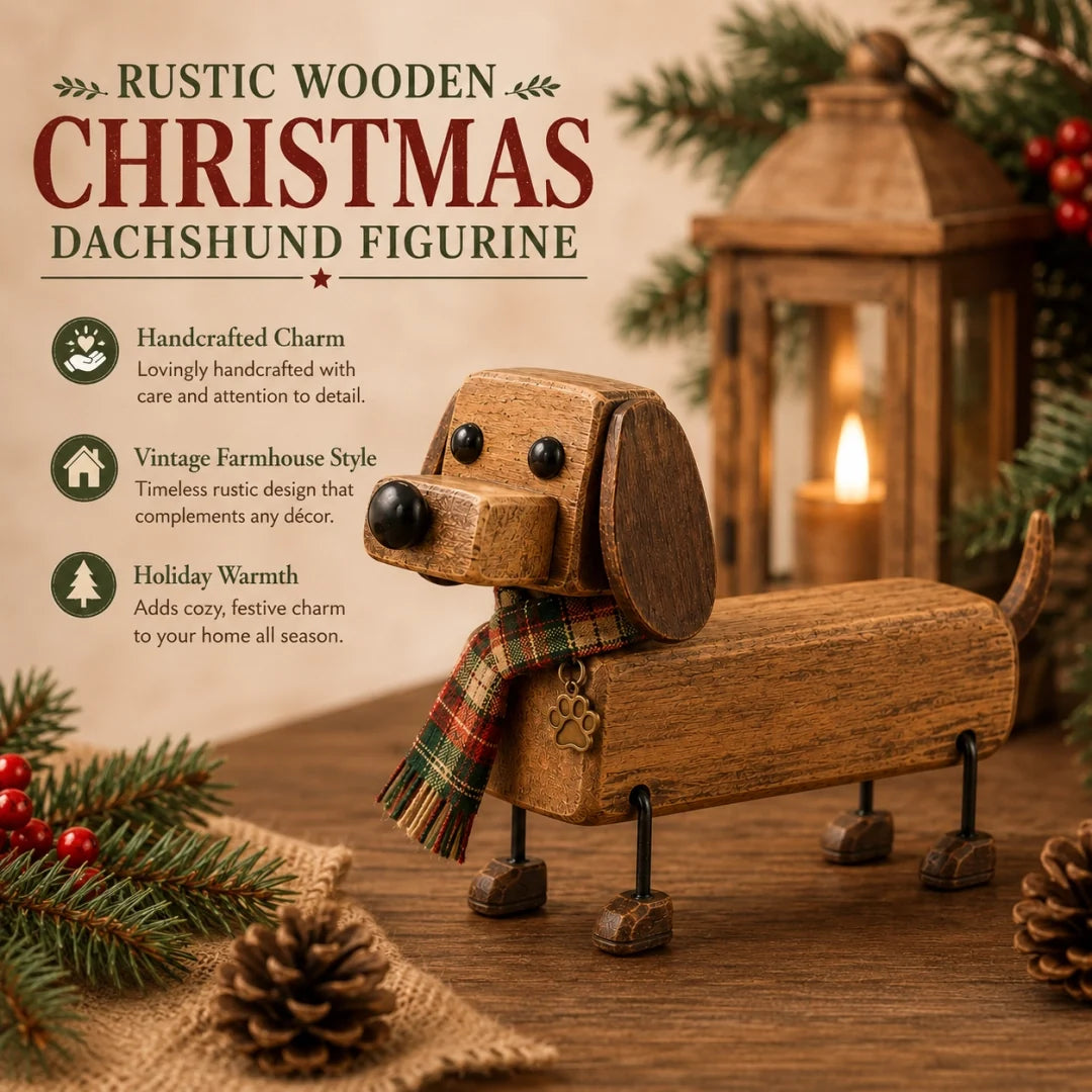 🎄 Wooden Christmas Dachshund Figurine 🐶 Festive Holiday Dog Decor with Scarf