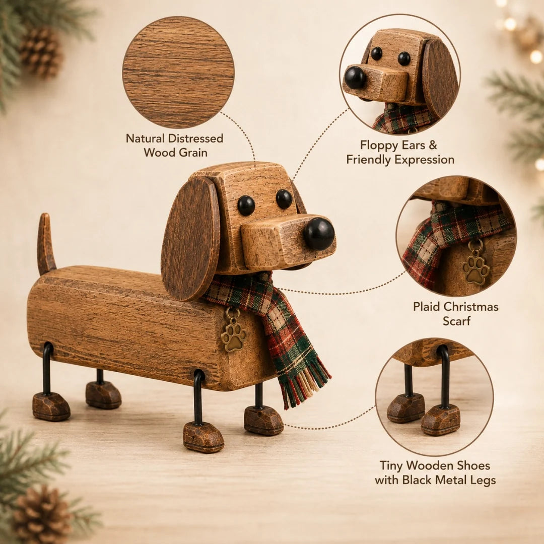 🎄 Wooden Christmas Dachshund Figurine 🐶 Festive Holiday Dog Decor with Scarf