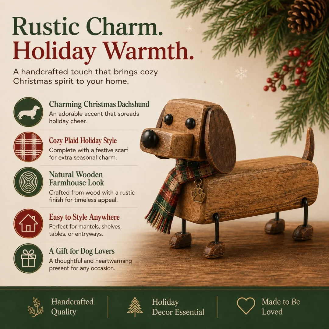 🎄 Wooden Christmas Dachshund Figurine 🐶 Festive Holiday Dog Decor with Scarf
