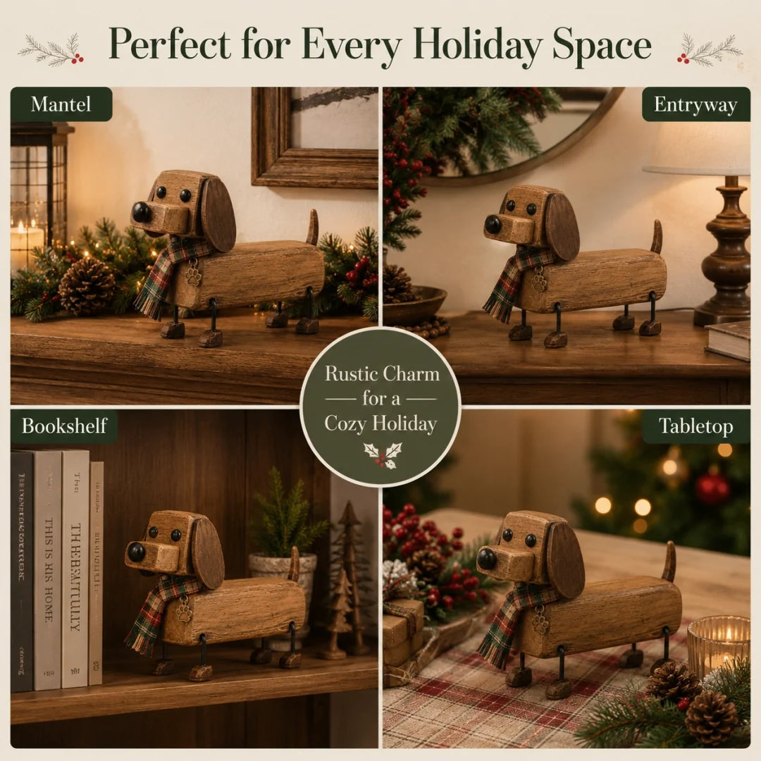 🎄 Wooden Christmas Dachshund Figurine 🐶 Festive Holiday Dog Decor with Scarf