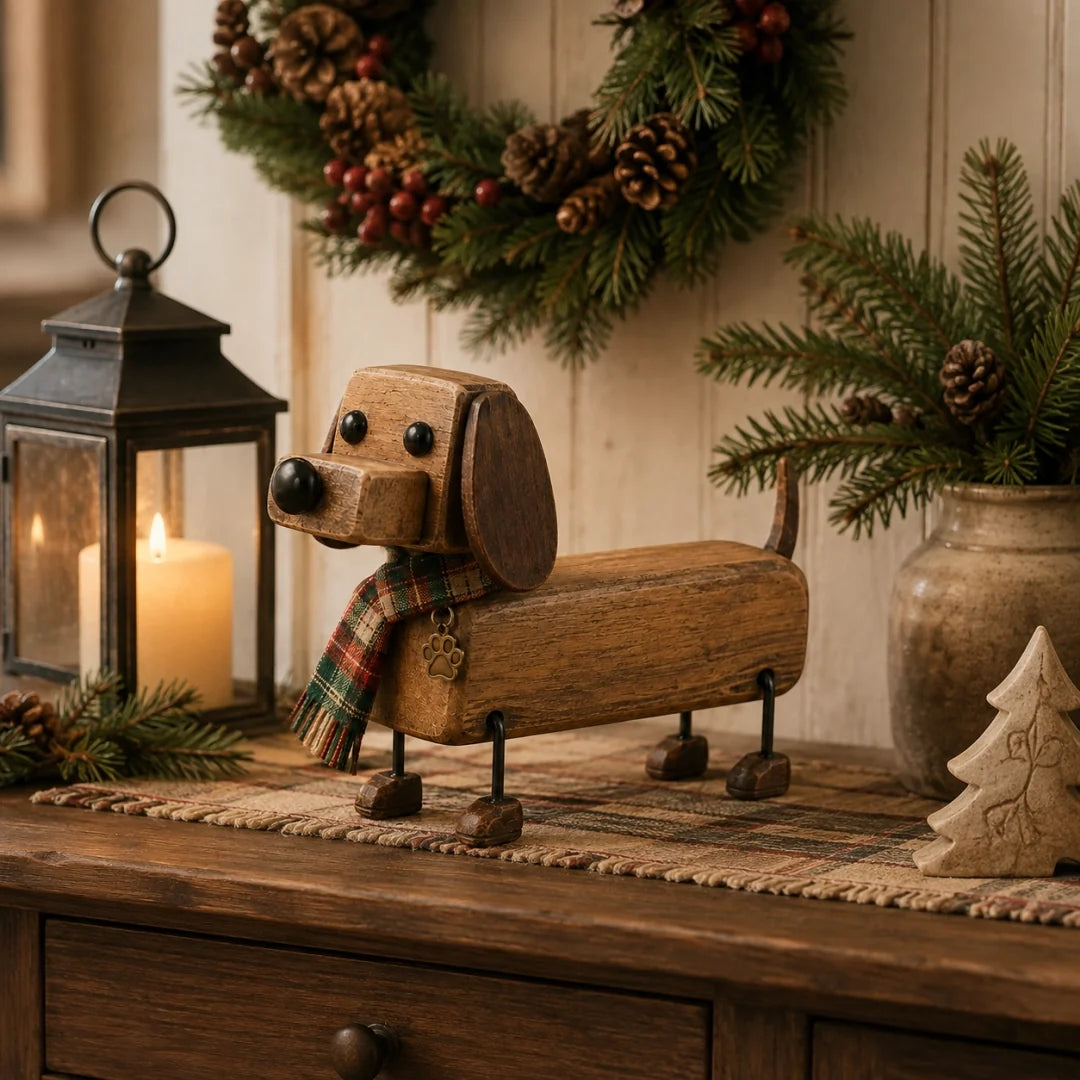 🎄 Wooden Christmas Dachshund Figurine 🐶 Festive Holiday Dog Decor with Scarf