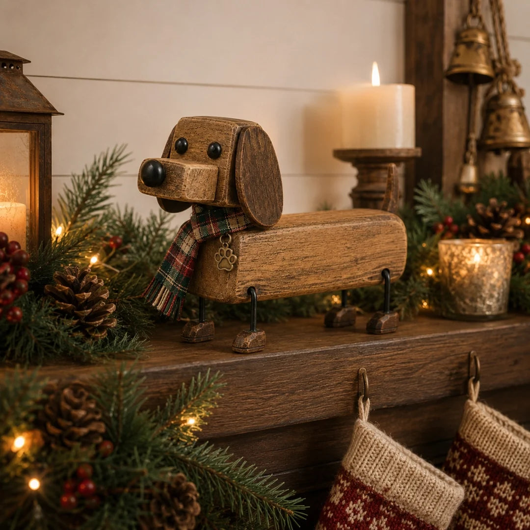 🎄 Wooden Christmas Dachshund Figurine 🐶 Festive Holiday Dog Decor with Scarf