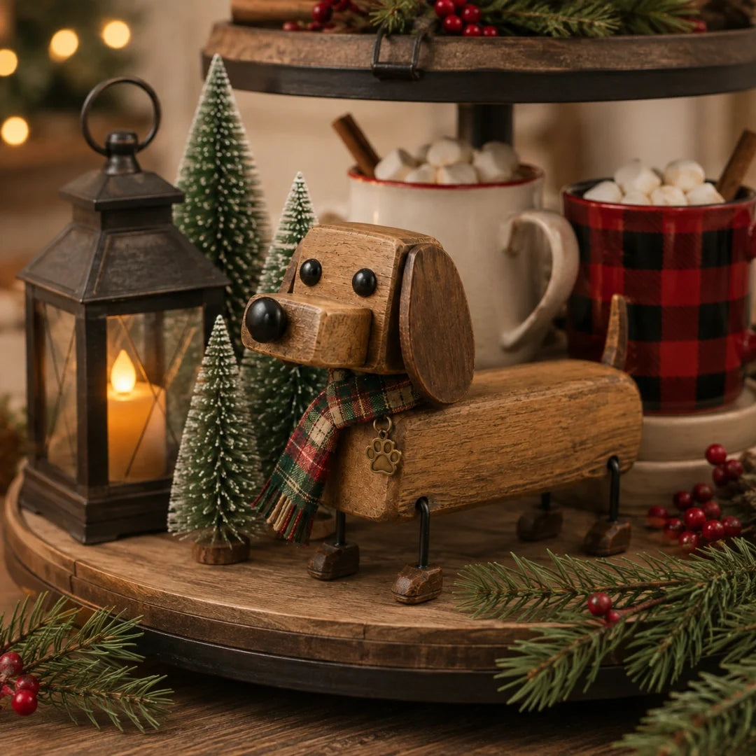 🎄 Wooden Christmas Dachshund Figurine 🐶 Festive Holiday Dog Decor with Scarf