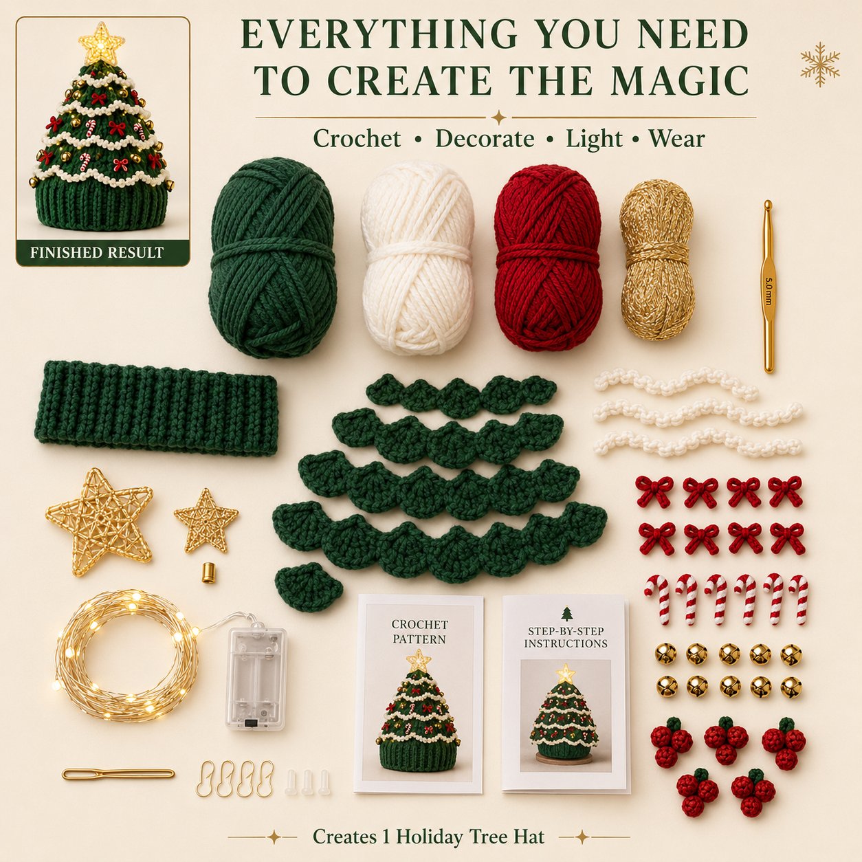 🎄 Beginner‑Friendly Light‑Up Christmas Tree Crochet Hat DIY Kit | Festive Craft Set for New Crocheters