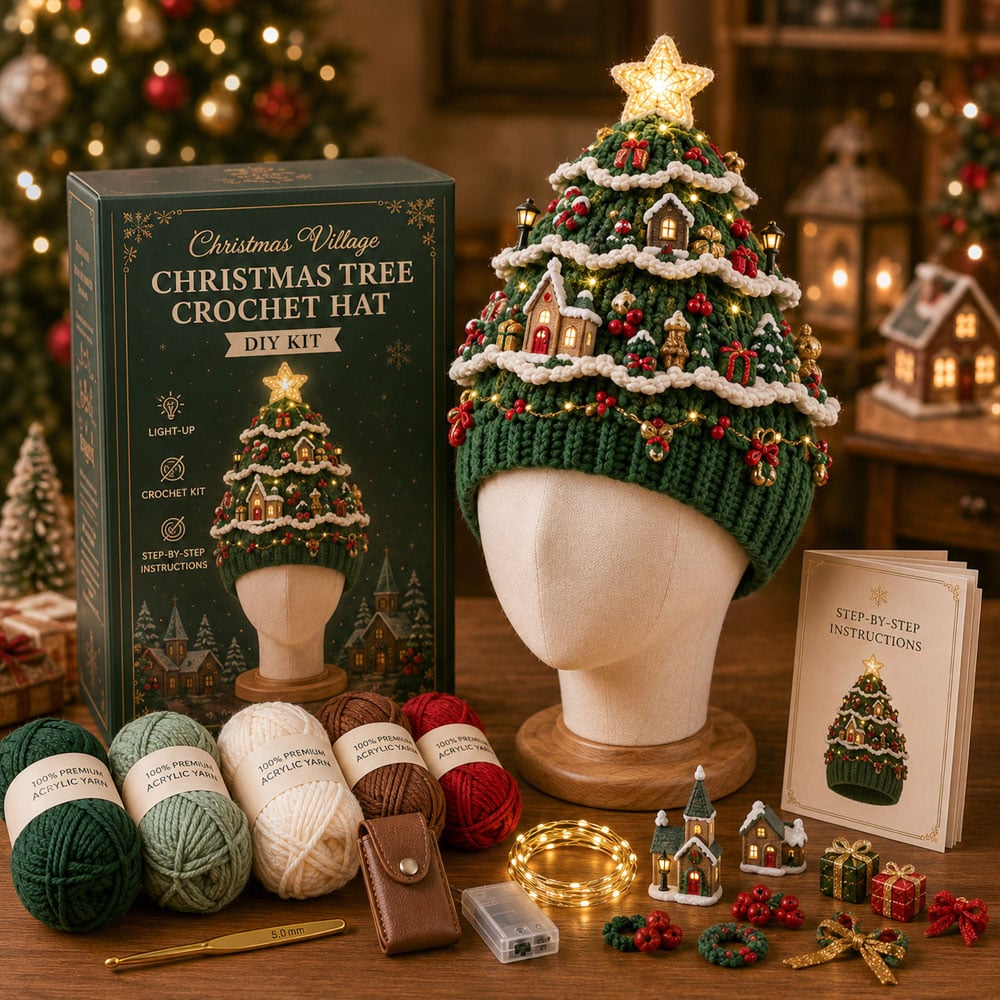 🎄 Beginner‑Friendly Light‑Up Christmas Tree Crochet Hat DIY Kit | Festive Craft Set for New Crocheters
