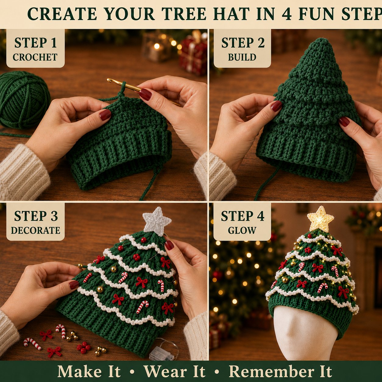 🎄 Beginner‑Friendly Light‑Up Christmas Tree Crochet Hat DIY Kit | Festive Craft Set for New Crocheters