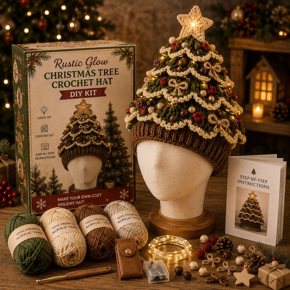 🎄 Beginner‑Friendly Light‑Up Christmas Tree Crochet Hat DIY Kit | Festive Craft Set for New Crocheters